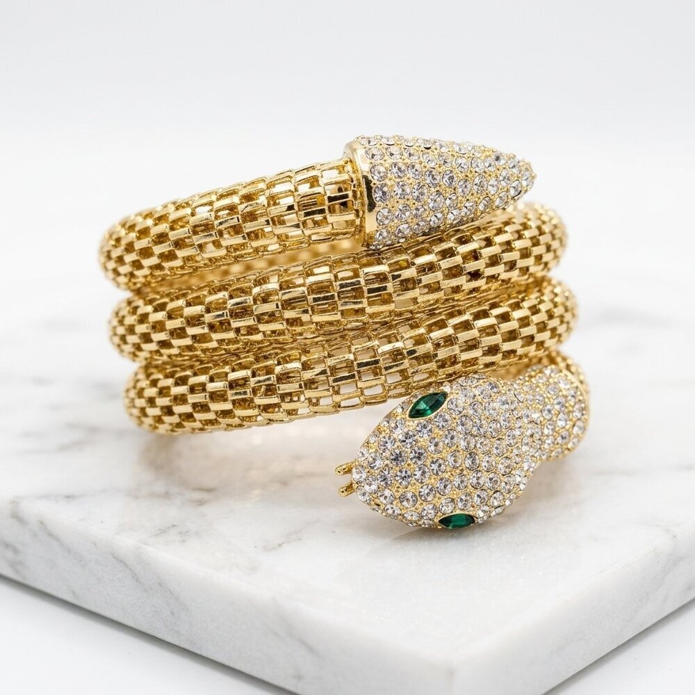 Gold Snake Coil Wrap Bracelet - Pave Rhinestones & Green Eyes - Statement Piece